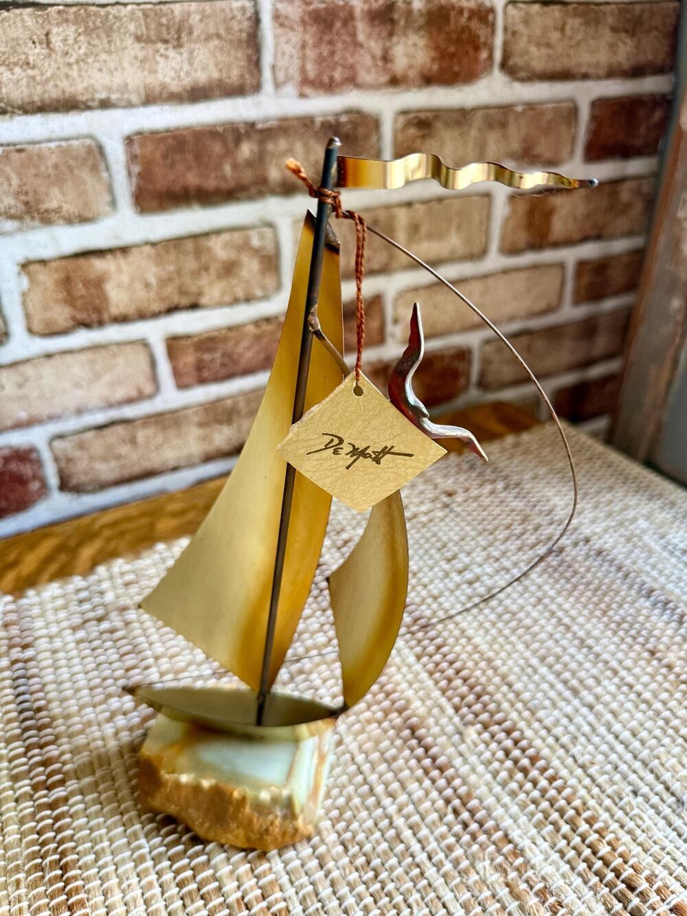 Vintage DeMott Brass Copper Sailboat Sculpture | Circa 1975 Onyx Stone Base